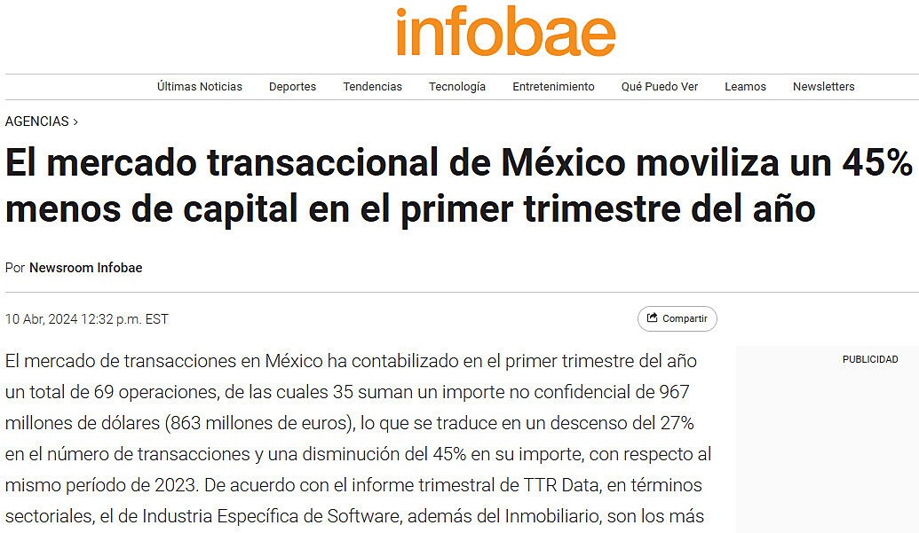 El mercado transaccional de Mxico moviliza un 45% menos de capital en el primer trimestre del ao